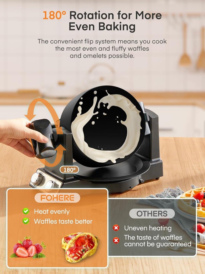 FOHERE 2-in-1 Omelette Maker&Waffle Maker, 1400W Omelet Waffle Maker 180° Flip, Adjustable Browning Control, Non-Removable & Nonstick Pans, Make Two Omelet and One Waffle at Once for Home (Dark Black) - Image 4